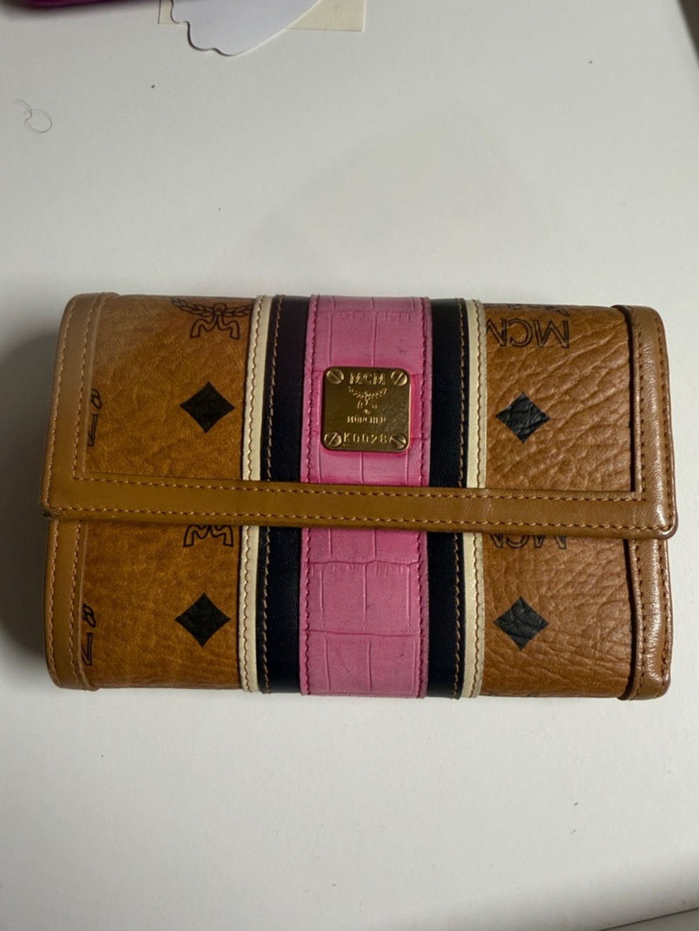 MCM Trifold Wallet in Cognac, Pink & Black Stripe Accents